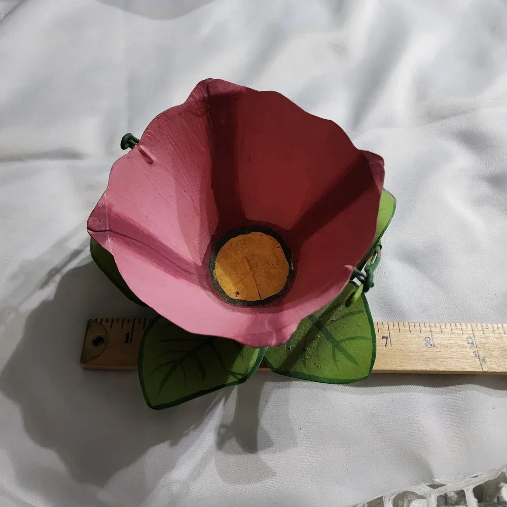 Vintage Hand Painted Metal Pink Flower Basket Tealight Holder Garden Decor